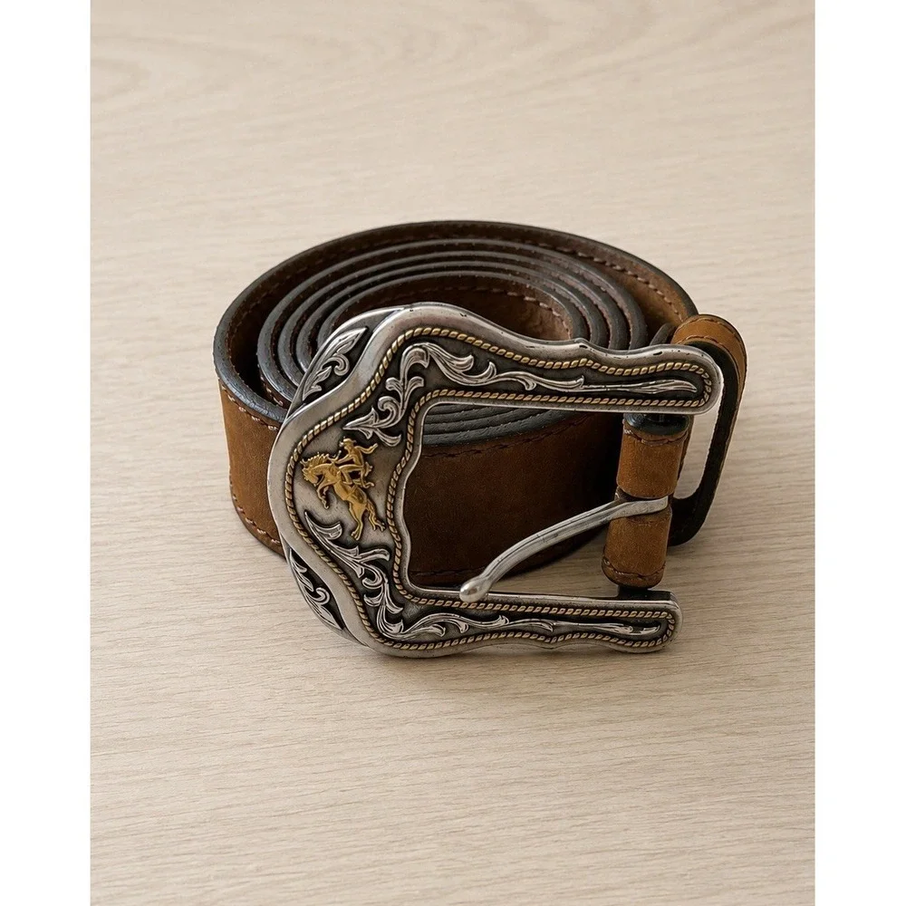 Justin Top Grain Leather Western Belt Size 44 Brown Cowboy Rodeo Buckle USA